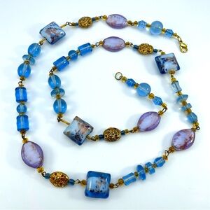 Cute Vintage Murano Style Blue Purple Art Glass Bead Necklace 29” Boho Jewelry